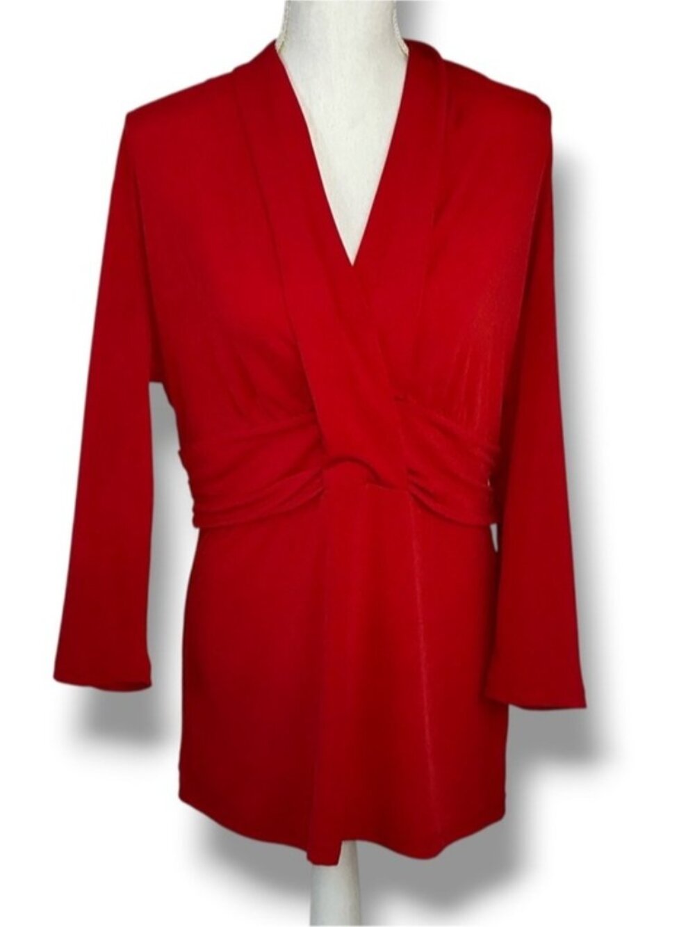 New York & Company Top Blouse Draped Waist Deep V Neck 3/4 Sleeve Tunic Red XL - Picture 6 of 16